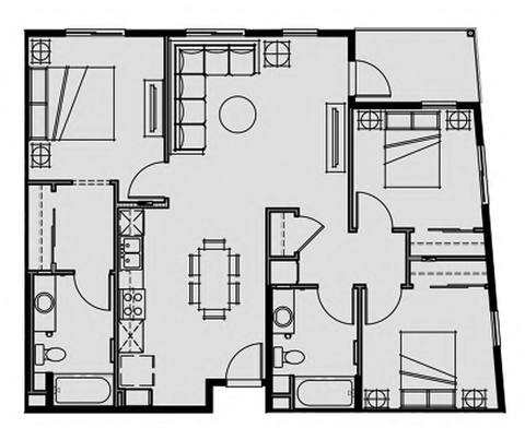 Floor plan for 3 beds, 2 baths, 1147 sqft